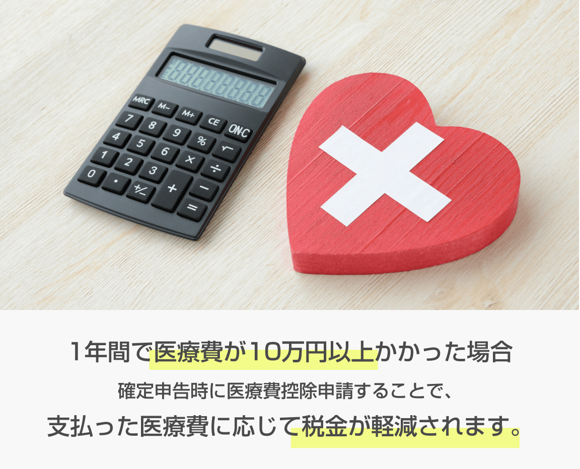 1年間で医療費が10万円以上かかった場合確定申告時に医療費控除申請することで、支払った医療費に応じて税金が軽減されます。